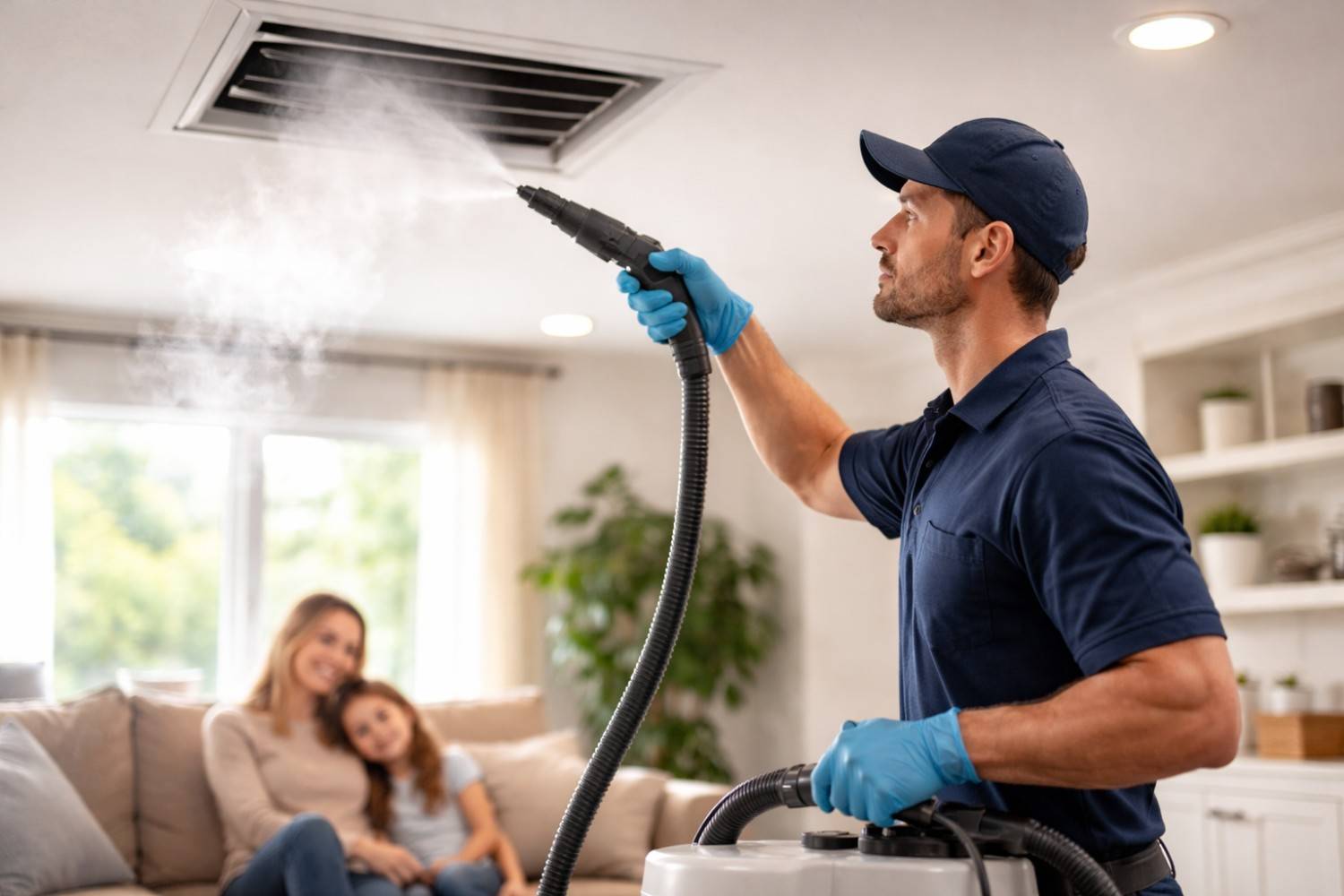 A professional in a blue uniform, cap, and gloves sprays steam into a large ceiling air vent using a handheld nozzle, while a smiling mother and daughter sit on a couch in the blurred background of a bright living room.