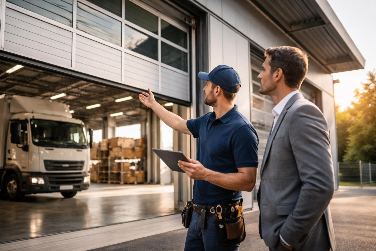 A technician holding a tablet gesturing toward a partially open commercial garage door while standing with a man in a suit outside a warehouse.