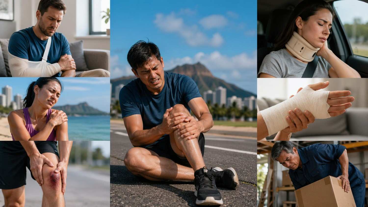 Collage of people with injuries—knee pain, arm sling, neck brace, bandaged hand, and back strain.