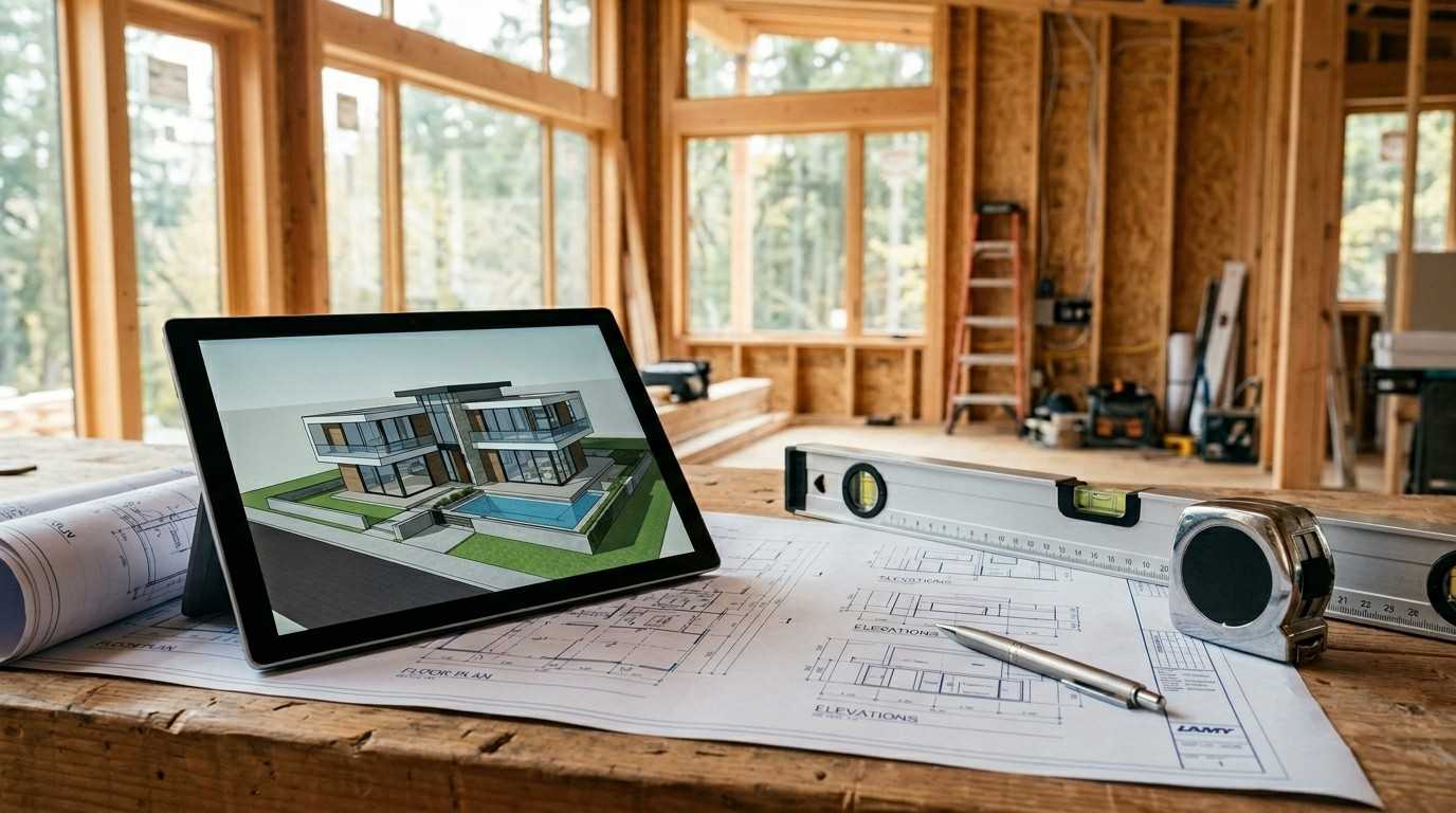 General contractor reviewing construction plans and a 3D home design model on a tablet at a residential building site.