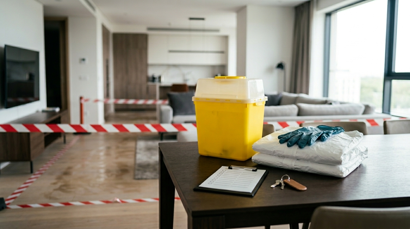 Flood-damaged room with exposed wall framing, dehumidifier, air mover, and moisture monitoring equipment.