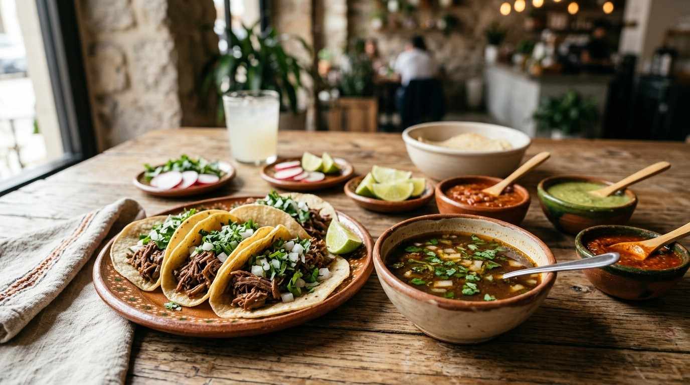 Halal Mexican beef tacos served with consommé, salsa, lime wedges, and fresh toppings on a rustic wooden table.