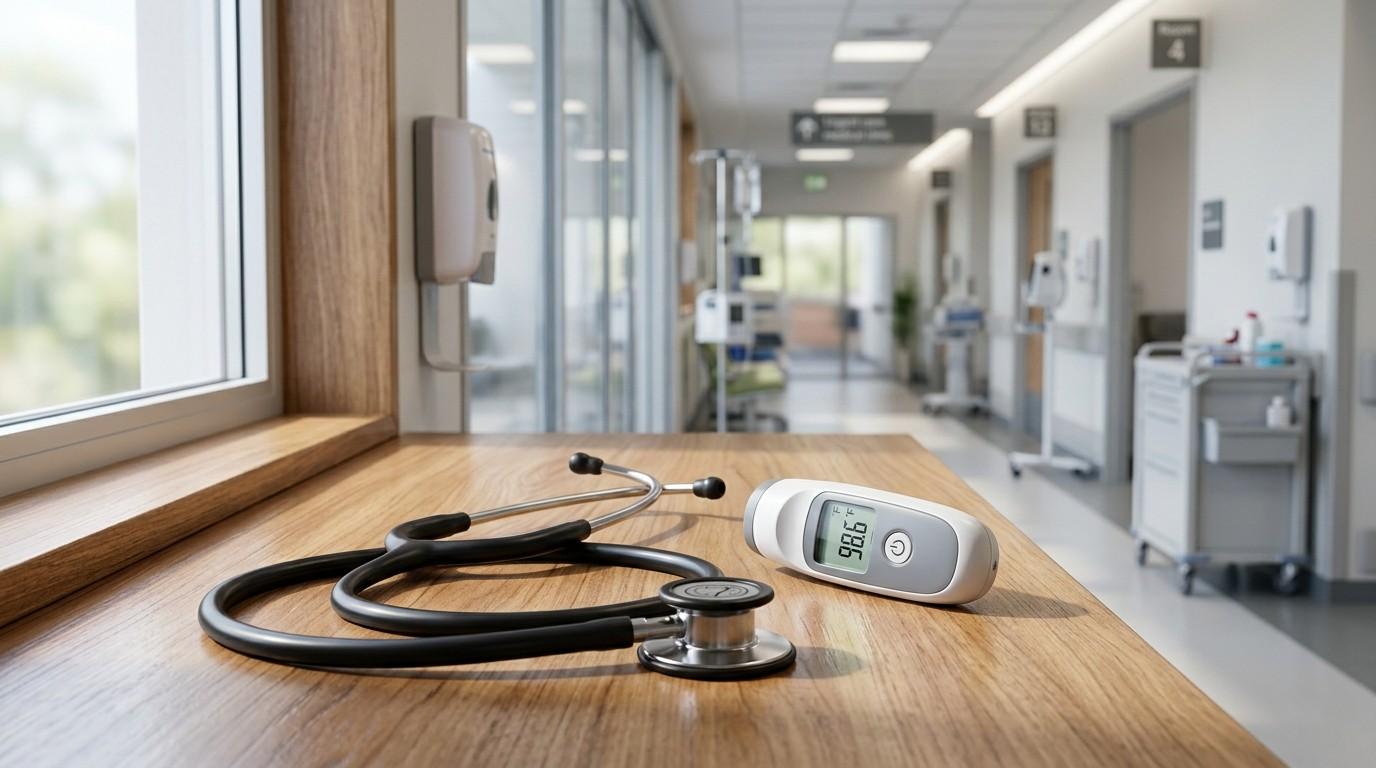 Stethoscope and digital thermometer on a wooden countertop in a modern urgent care clinic hallway.