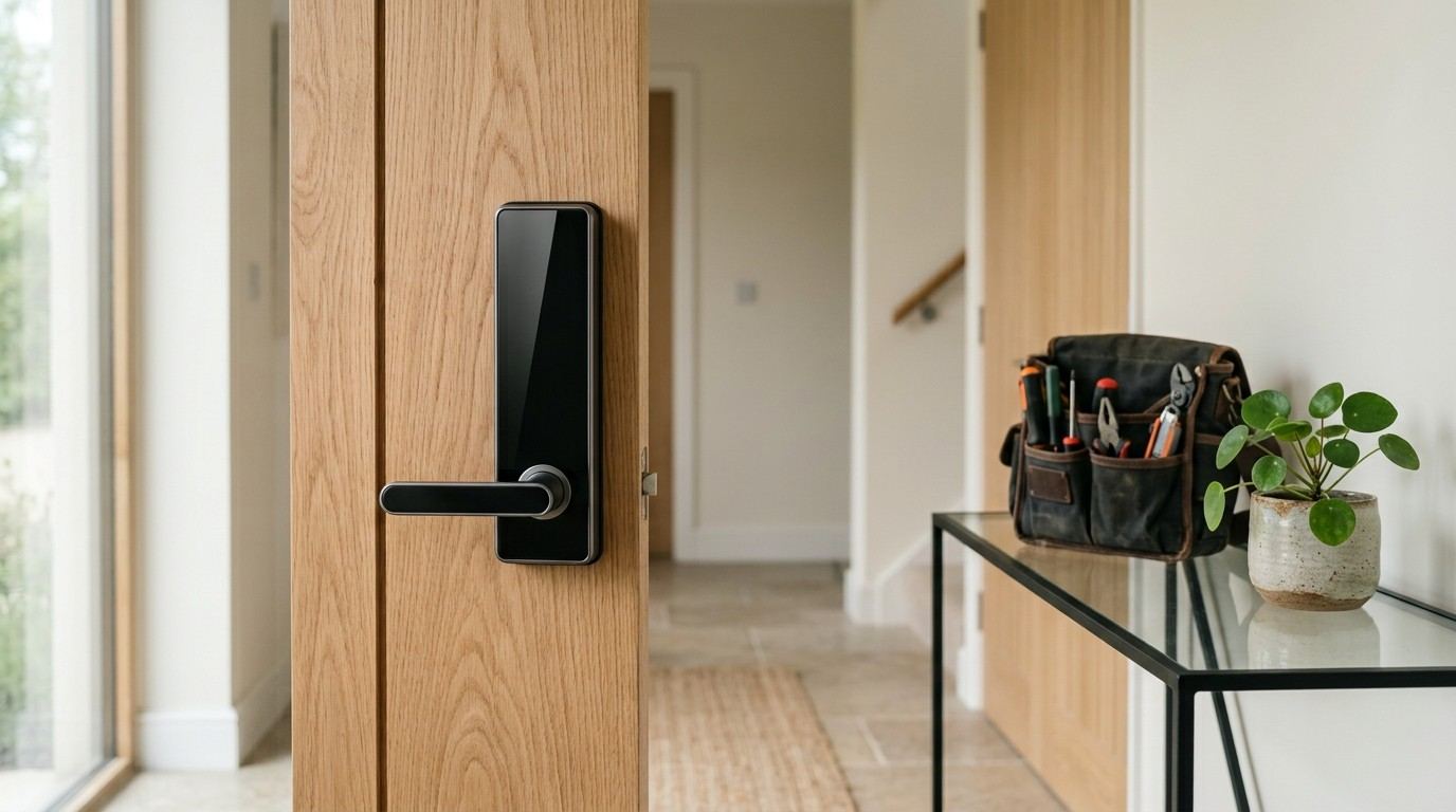 Modern black digital door lock with a sleek lever handle installed on a light oak interior door, with a professional locksmith tool bag on a nearby glass console table.