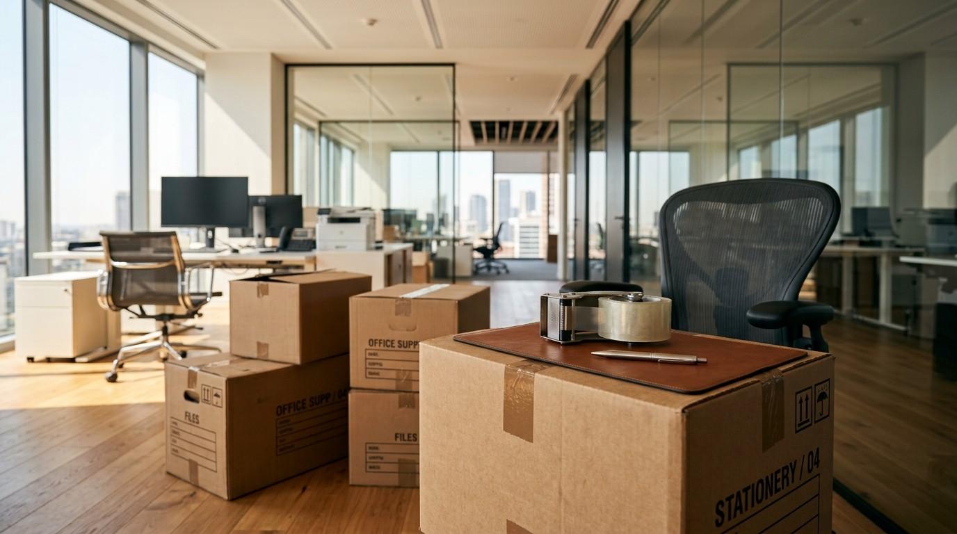 Cardboard boxes labeled for office supplies and files arranged in a modern office during a relocation, with packing tape and supplies on a box.