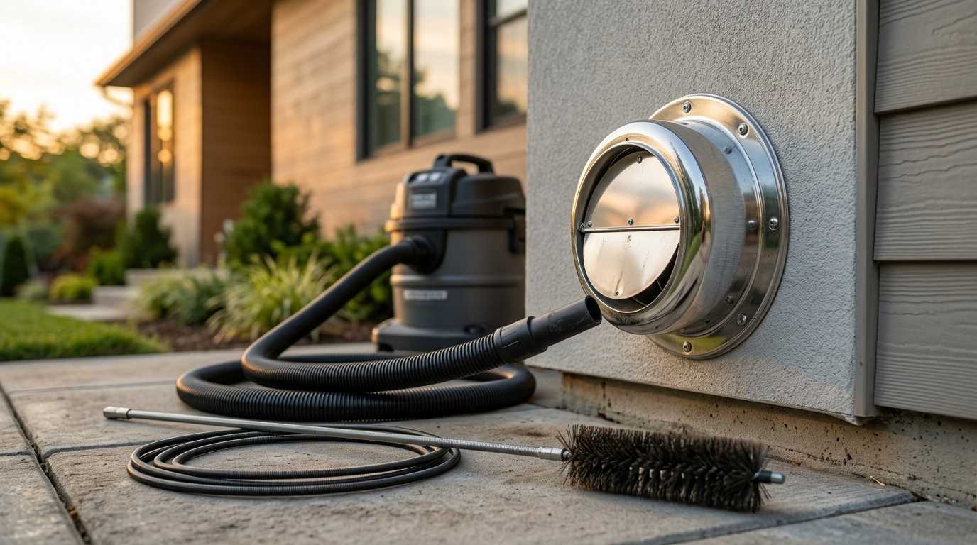 Professional dryer vent cleaning equipment connected to an exterior dryer vent with a flexible hose and cleaning brush.